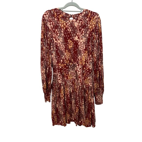 Free People Red tan Floral Long Sleeve Tiered Mini Dress printed XL prairie cott - Picture 1 of 8